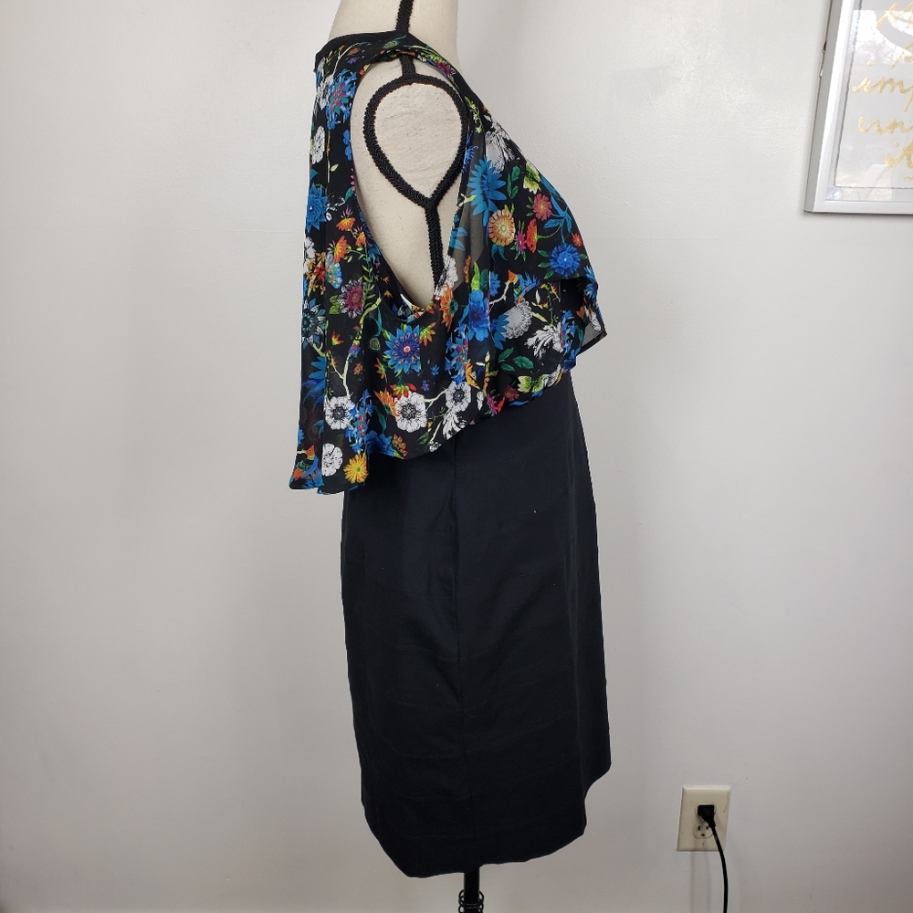 nicole by Nicole Miller Floral Black Bodycon Flutter Sleeve Midi Dress 14 - Picture 6 of 11